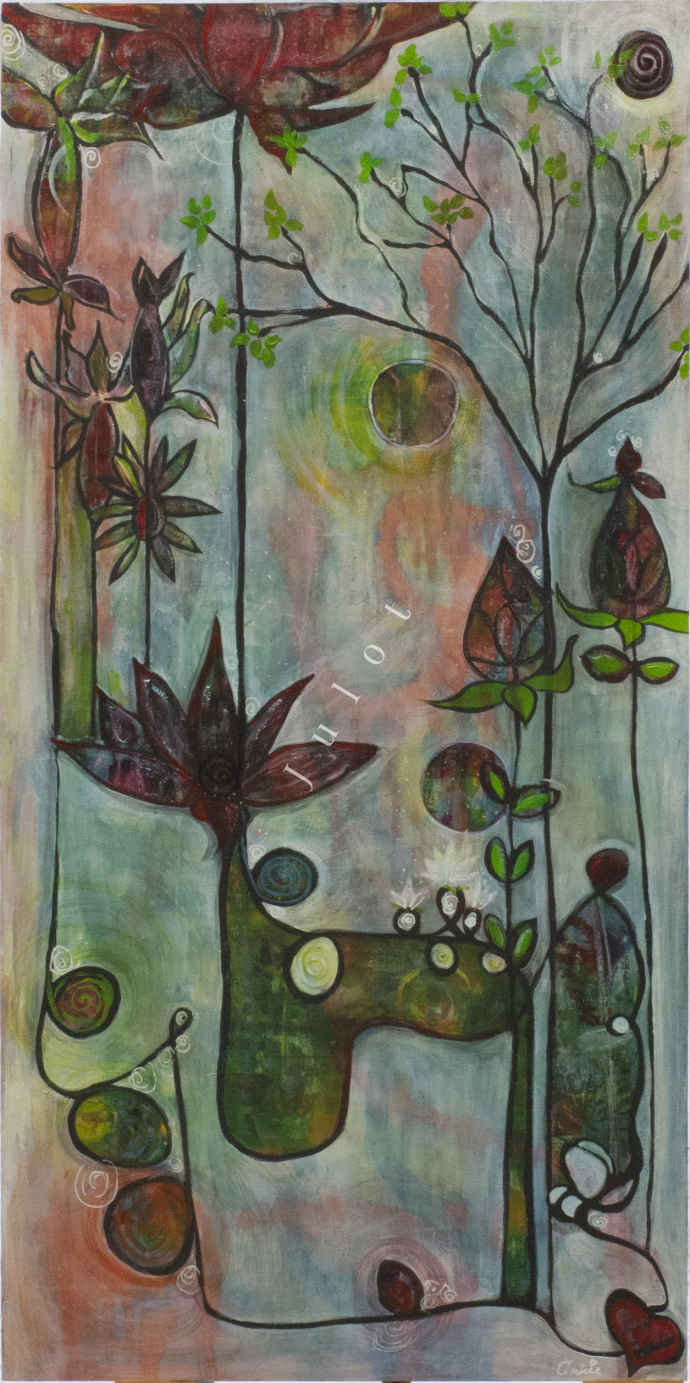 Rode lotus Abstract ontwerp met bladeren, takken en kleurrijke vloeibare vormen op een licht achtergrond.