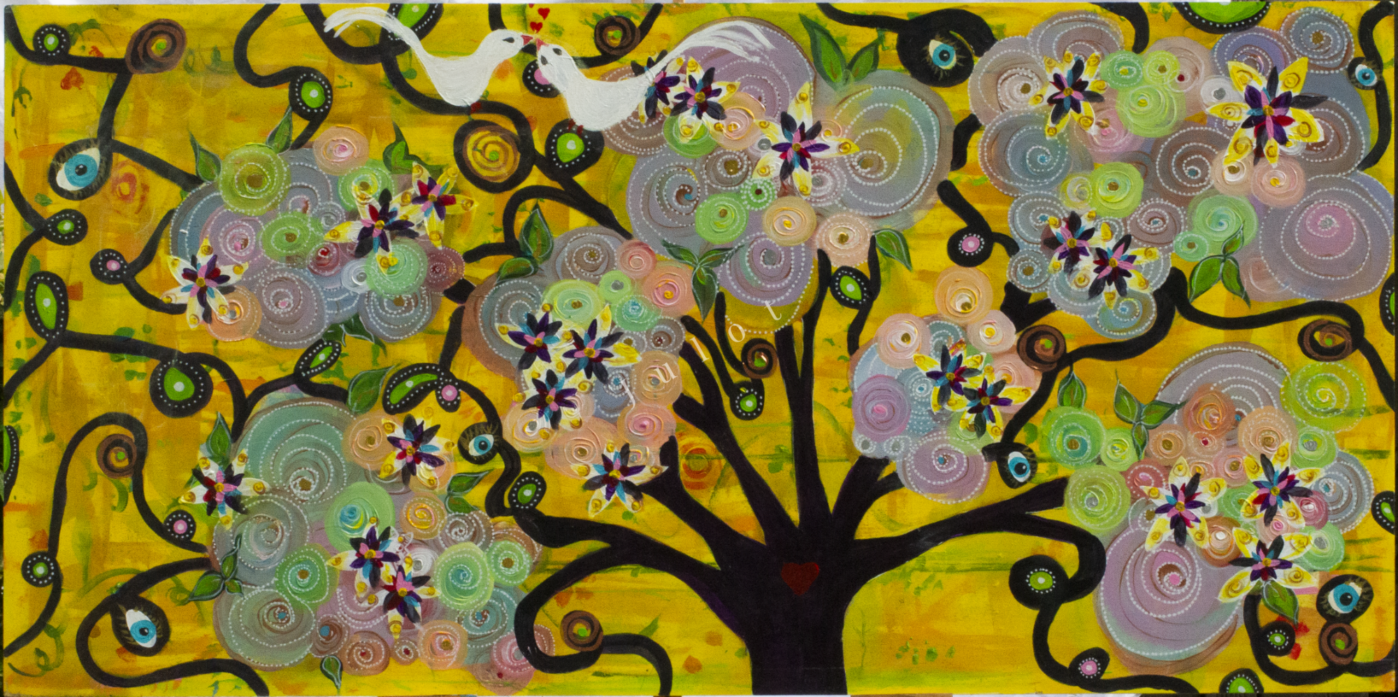 Zonnige levensboom Kleurrijke boom met bloemen en krullende takken op een gele achtergrond.