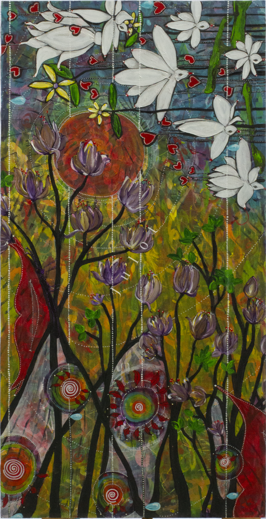 Happy Kleurige abstracte bloemen en takken met een zon en bladeren op een levendige achtergrond.