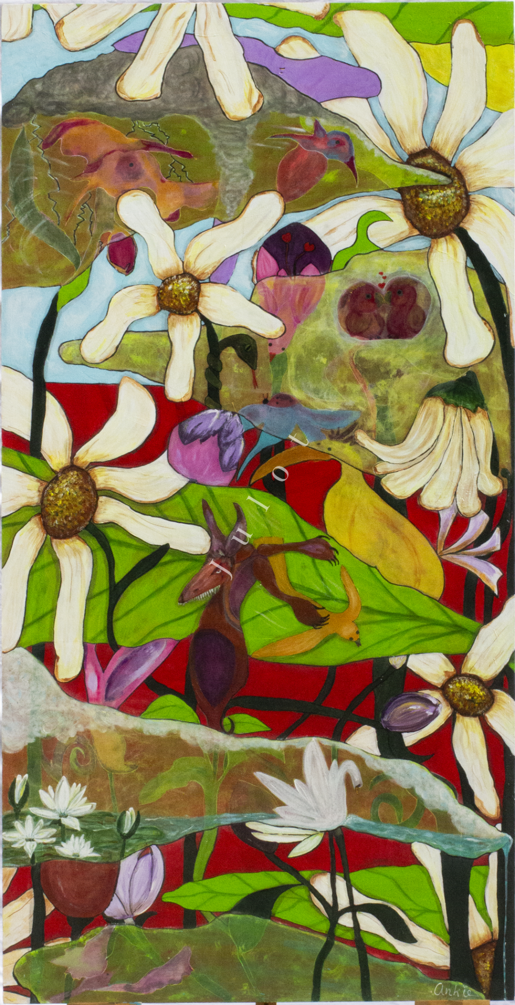 Twee werelden Abstracte collage met bloemen en planten in levendige kleuren op een rode achtergrond.