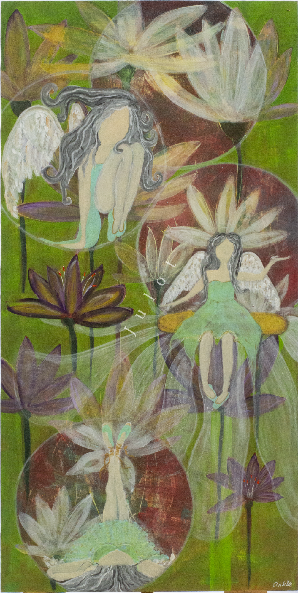 Engelen Drie feeën omringd door lotusbloemen op een kleurrijke achtergrond.