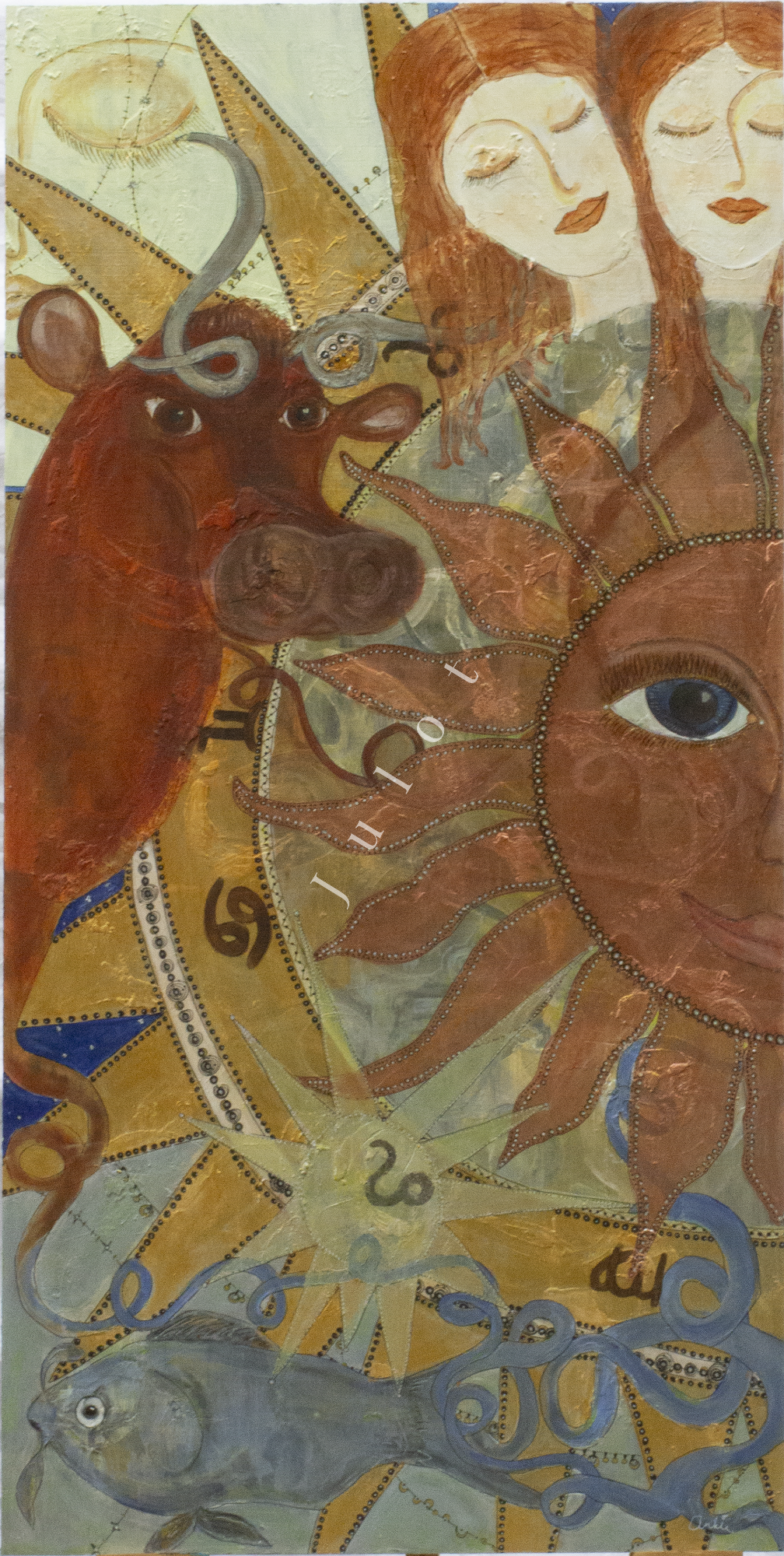 Sterrenbeeld Een kleurrijke schildering met zon en sterrenbeelden.