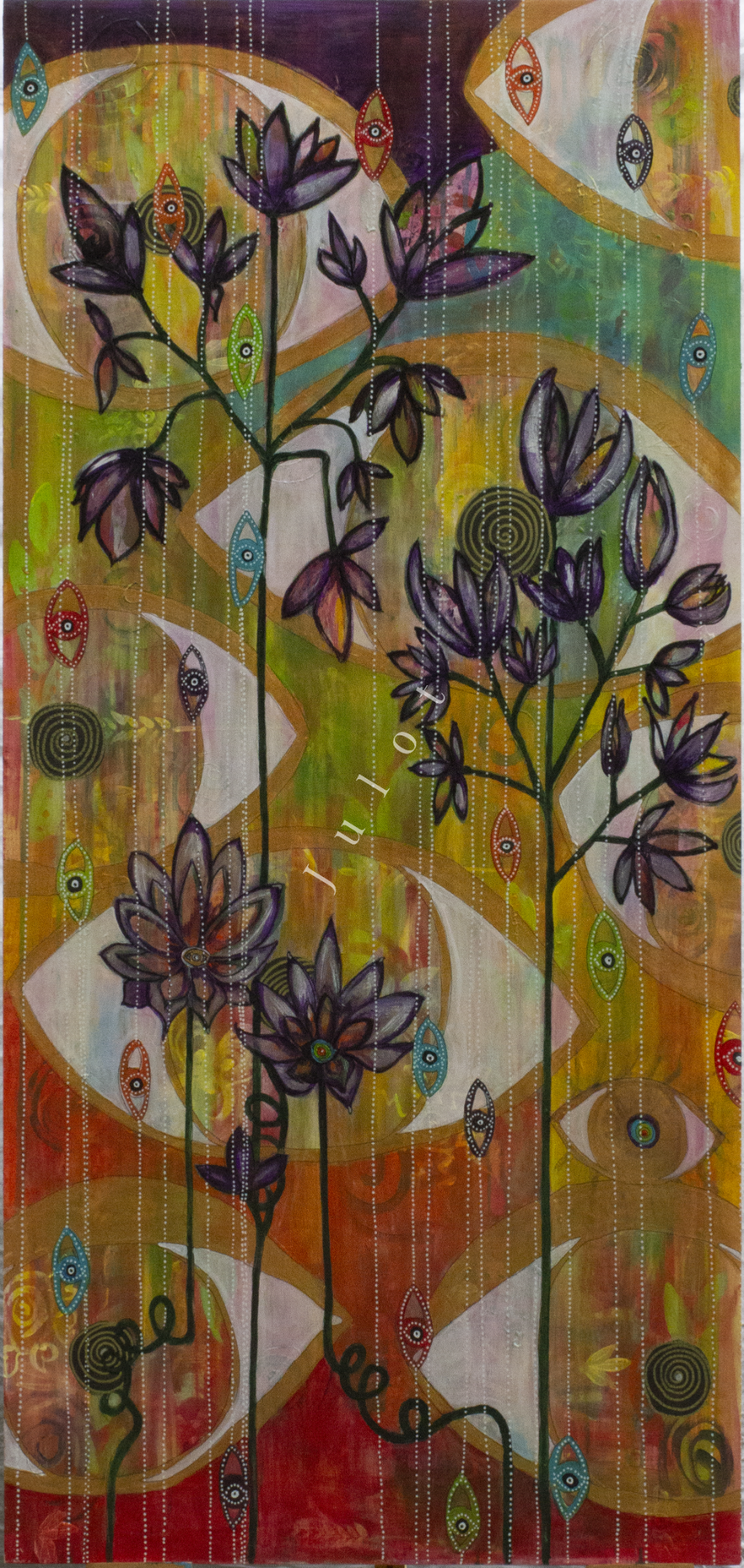 Derde oog chakra Kleurrijke abstracte compositie met bloemen en ogen op een levendige achtergrond.