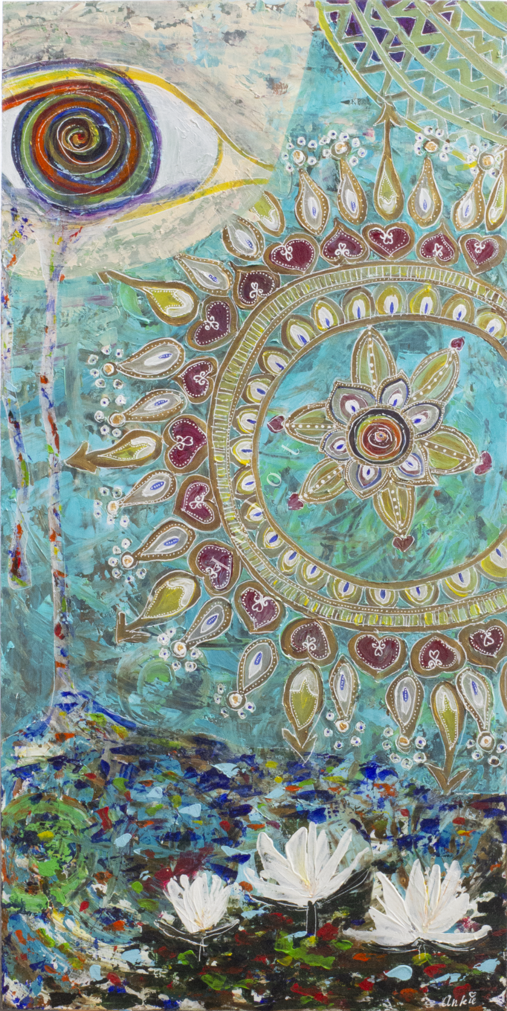 Spirituele levensloop Abstract kunstwerk met een oog, zon en lelies in blauwe en groene tinten.