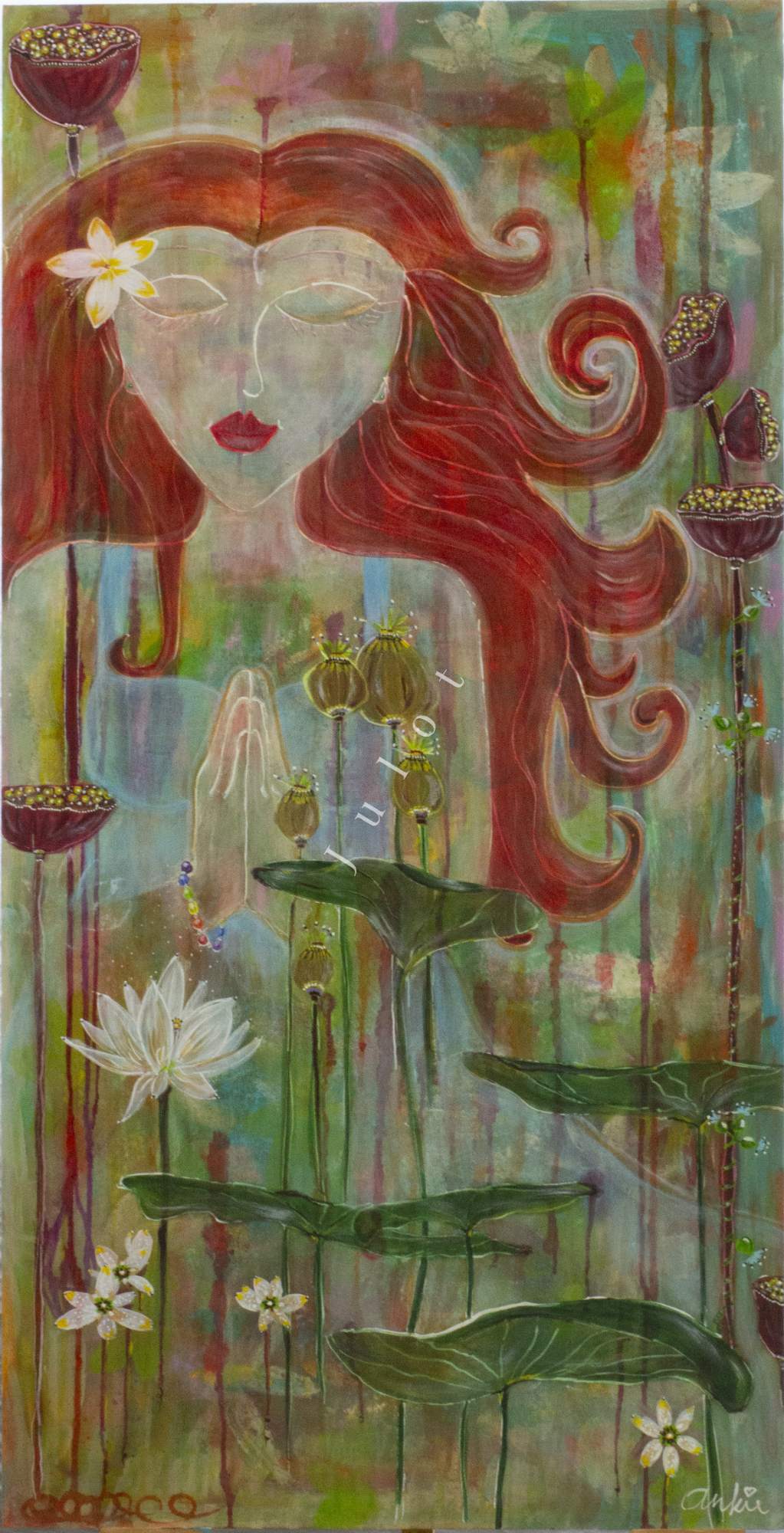 Namasté Abstract schilderij van een vrouw met rode haren, omringd door bloemen en planten.