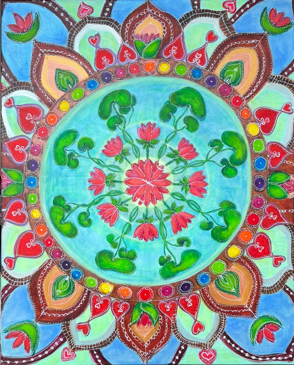Chakra mandala Kleurvolle mandala met bloemen en bladeren op een blauwe achtergrond.