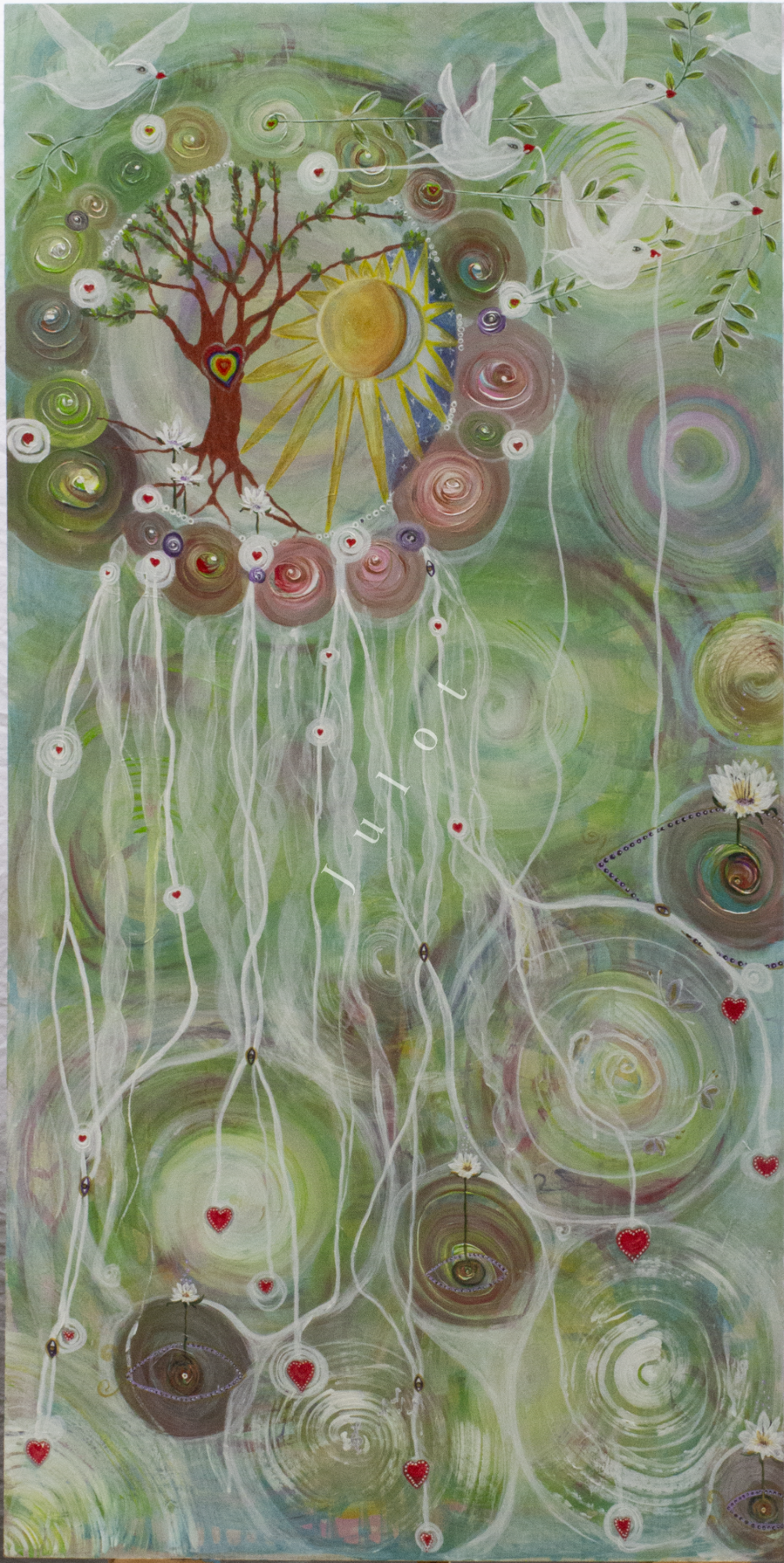 Spirituele dromen Kleurrijke abstracte compositie met cirkels, bomen en zonneschijn op een groene achtergrond.