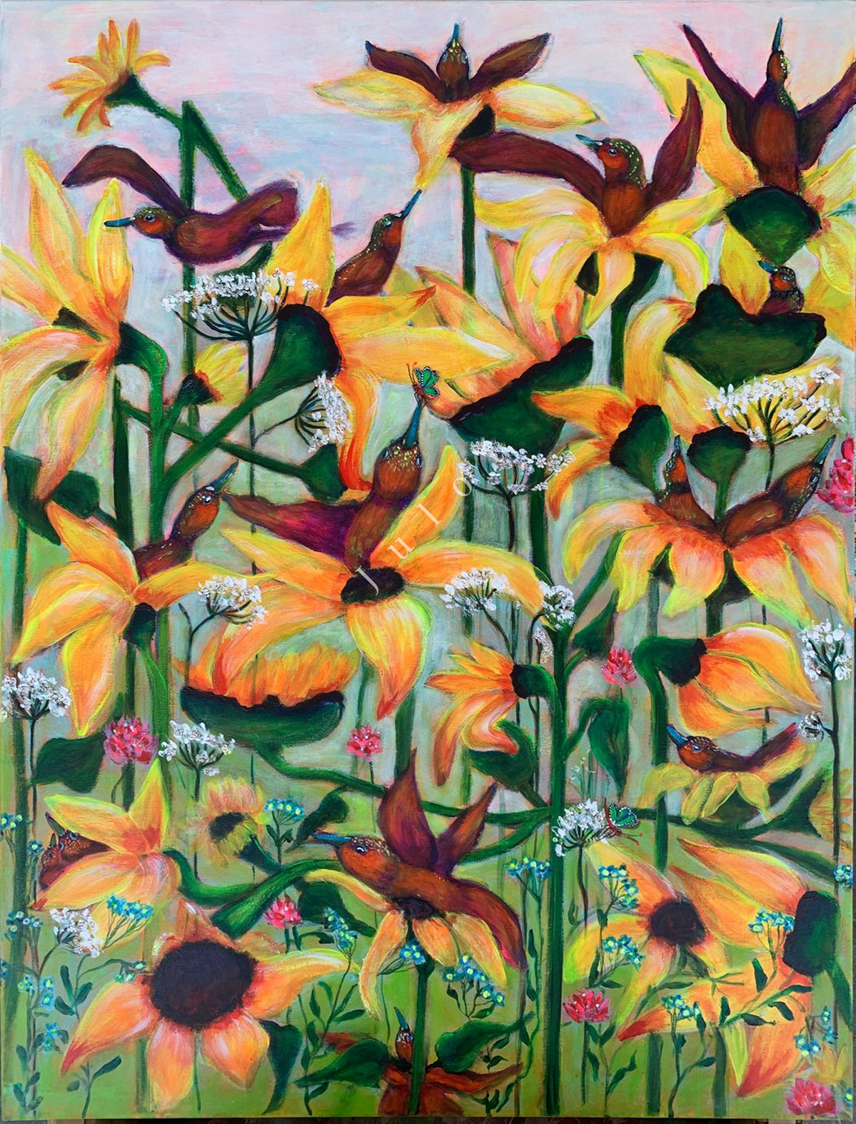 Kleurrijke bloemen in een veld, met verschillende soorten vogels en levendige tinten